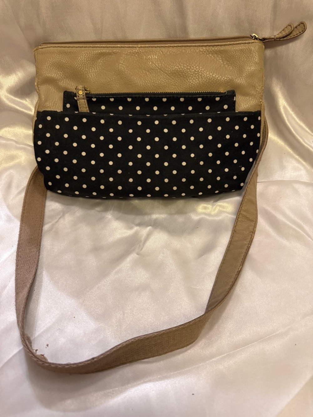 Fossil Beige Leather and Black Polka Dot Crossbody
